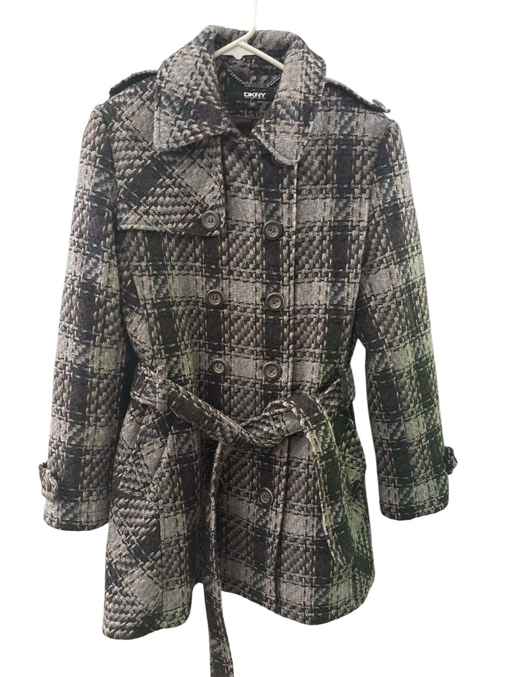 DKNY Women's Plaid Double-Breasted Belted Trench Coat Size 10P